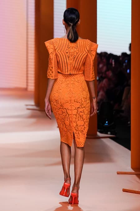 Shop Pankaj & Nidhi Orange Tulle, Jersey Floral Solarium Hand Embellished Top Skirt Set at Aza Fashions Shop_Pankaj & Nidhi_Orange Tulle, Jersey Floral Solarium Hand Embellished Top Skirt Set _at_Aza_Fashions