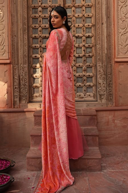 Shop Ruhr India Pink Net, Velvet, Lining Cotton Ombre Embroidered Saree With Blouse at Aza Fashions Shop_Ruhr India_Pink Net, Velvet, Lining Cotton Ombre Embroidered Saree With Blouse _at_Aza_Fashions