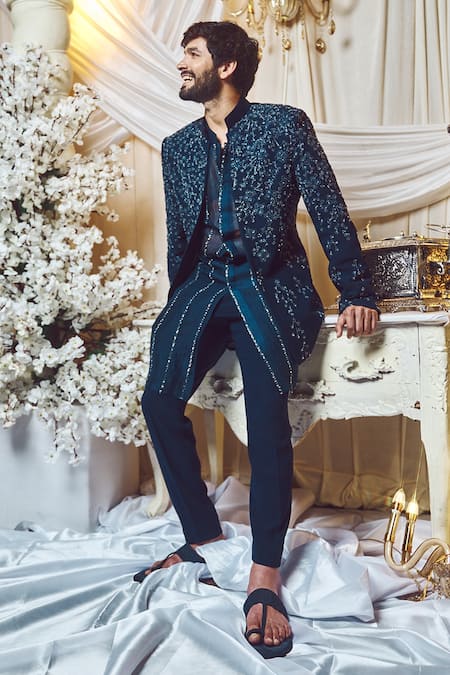 Shop Varun Chakkilam Blue Polyblend Suiting Fabric Embroidered Glass Open Jacket And Kurta Set at Aza Fashions Shop_Varun Chakkilam_Blue Polyblend Suiting Fabric Embroidered Glass Open Jacket And Kurta Set _at_Aza_Fashions