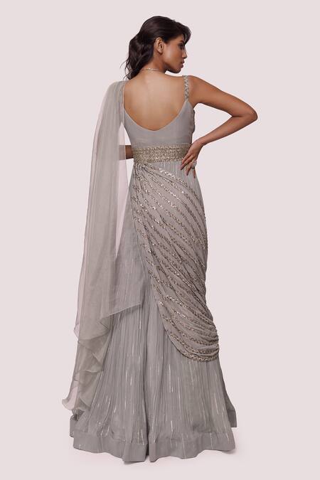 Shop_Onaya_Gray Georgette Embroidery Cutdana Scoop Neck Designer Sequin Saree Gown _at_Aza_Fashions