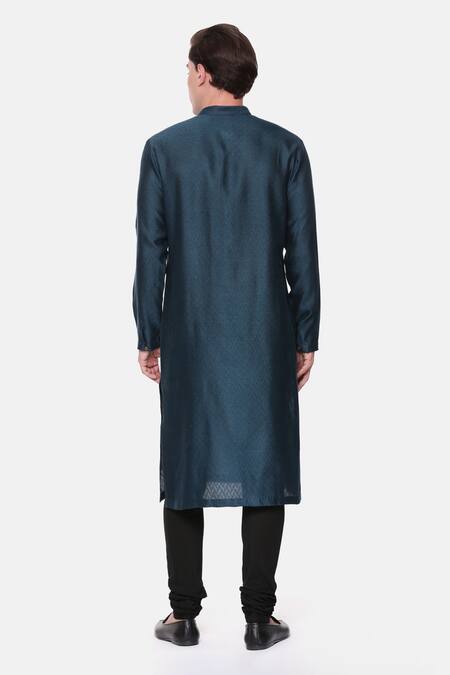 Shop_Mayank Modi - Men_Blue Cotton Satin, Cotton, Silk, Jacquard Embroidery Chevron Pattern Kurta Set _at_Aza_Fashions