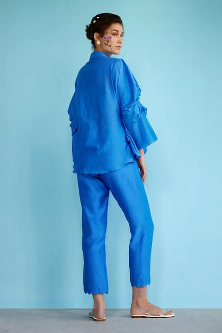 Shop_Garima Bindal_Blue Silk, Chanderi Shawl Neck Panzy Draped Shirt And Pant Set _at_Aza_Fashions