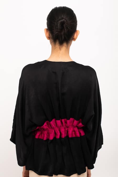 Neora By Nehal Chopra_Black Ruched Asymmetrical Short Cape _Online_at_Aza_Fashions