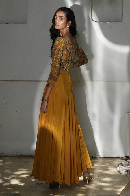 Shop Label Ruhbab Yellow Silk, Cotton, Net Sequins, Embroidery Boat Floral Chiffon Anarkali Set at Aza Fashions Shop_Label Ruhbab_Yellow Silk, Cotton, Net Sequins, Embroidery Boat Floral Chiffon Anarkali Set _at_Aza_Fashions