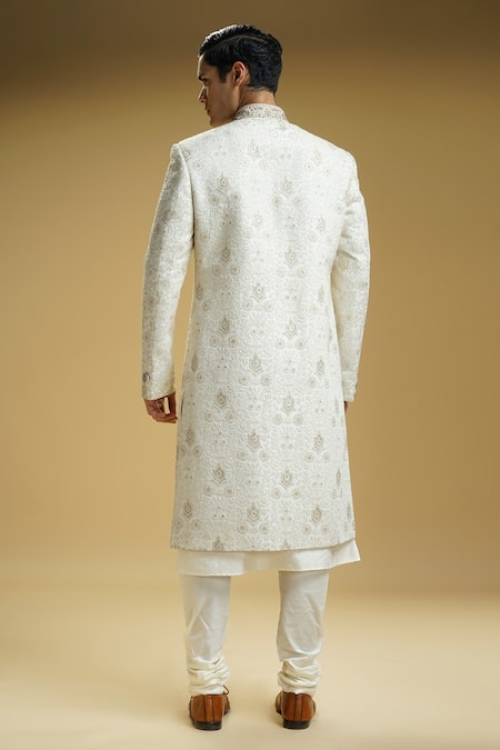 Shop Kommal Sood Off White Silk, Cotton Embroidery Sherwani Set at Aza Fashions Shop_Kommal Sood_Off White Silk, Cotton Embroidery Sherwani Set _at_Aza_Fashions
