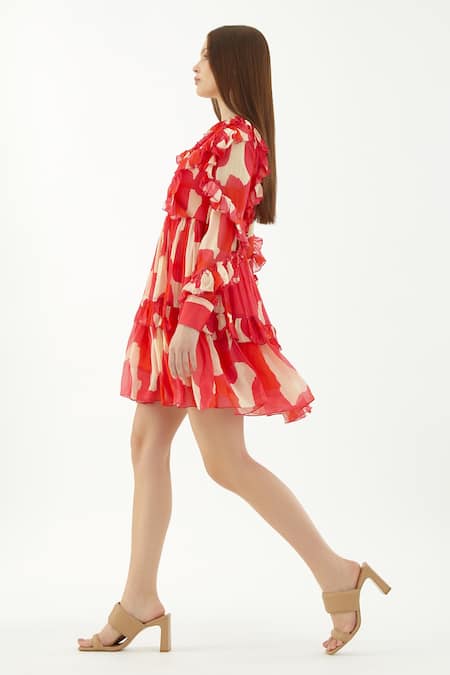 Shop Koai Multi Color Chiffon Abstract V Neck Pattern Frill Short Dress at Aza Fashions Shop_Koai_Multi Color Chiffon Abstract V Neck Pattern Frill Short Dress _at_Aza_Fashions