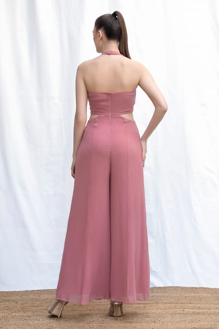 Shop Amrta By Guneet Kondal Pink Viscose Beads, Sequins Halter Neck Bailey Embroidered Jumpsuit at Aza Fashions Shop_Amrta By Guneet Kondal_Pink Viscose Beads, Sequins Halter Neck Bailey Embroidered Jumpsuit _at_Aza_Fashions