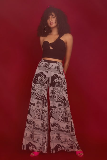 Shop_Nandita Thirani_Black Georgette, Chiffon One Shoulder Crop Top And Flared Trouser Set _at_Aza_Fashions
