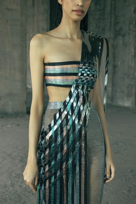 Akhl Interwoven Metallic Saree Top & Trouser Set 