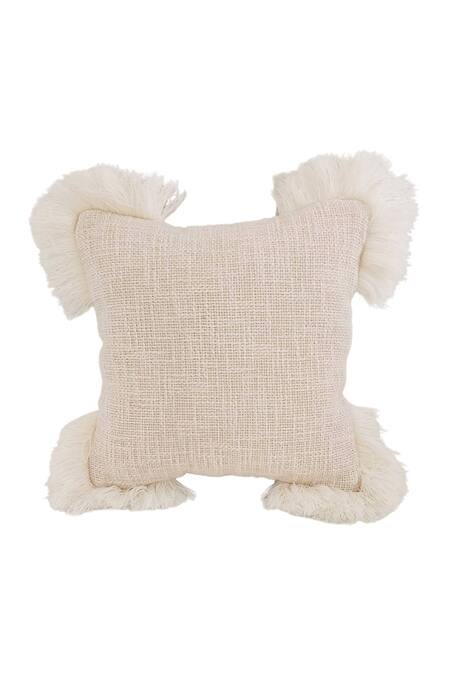 Shop Throwpillow White Blend Of Cotton And Polyester Fringe Neutral Cushion Cover at Aza Fashions Shop_Throwpillow_White Blend Of Cotton And Polyester Fringe Neutral Cushion Cover_at_Aza_Fashions