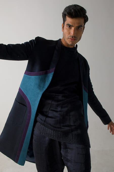 Shop Jatin Malik Blue Linen, Silk Overcoat at Aza Fashions Shop_Jatin Malik_Blue Linen, Silk Overcoat _at_Aza_Fashions