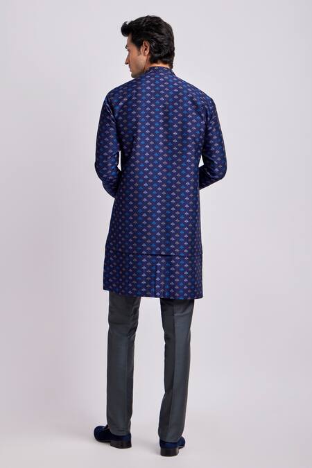 Shop Bubber Couture Blue Silk Viktor Liberty Print Kurta Set at Aza Fashions Shop_Bubber Couture_Blue Silk Viktor Liberty Print Kurta Set _at_Aza_Fashions