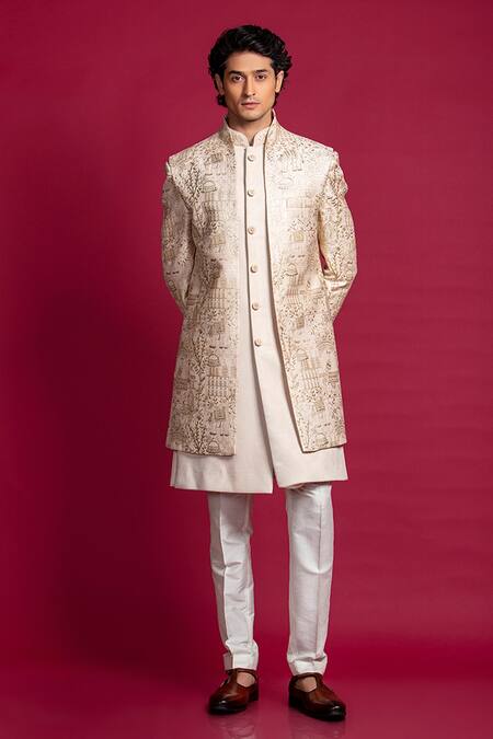 Shop Jayesh Shah Ivory Suede Velvet Printed Abstract Front-open Sherwani Set at Aza Fashions Shop_Jayesh Shah_Ivory Suede Velvet Printed Abstract Front-open Sherwani Set_at_Aza_Fashions
