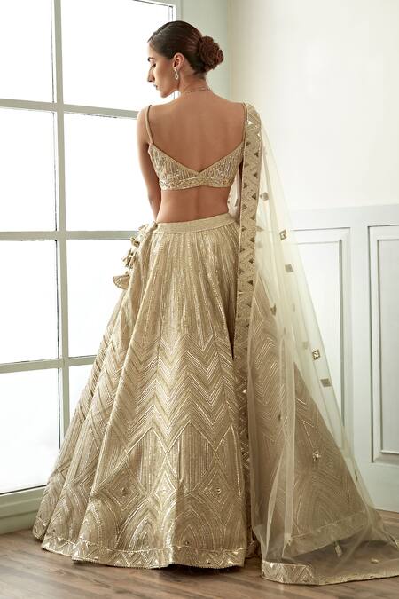 Shop_Studio Iris India_Gold Organza, Net Embroidery Serra Geometric Pattern Bridal Lehenga Set_at_Aza_Fashions