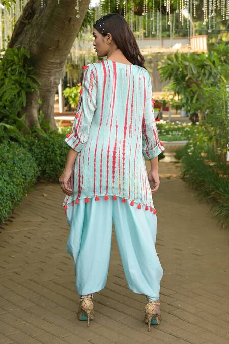 Shop Disha Kahai Blue Satin, Silk, Georgette Tassels V-neck Tie-dye Pattern Kurta And Cowl Pant Set at Aza Fashions Shop_Disha Kahai_Blue Satin, Silk, Georgette Tassels V-neck Tie-dye Pattern Kurta And Cowl Pant Set_at_Aza_Fashions