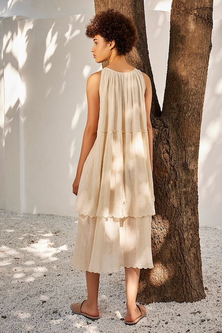 Shop_Kharakapas_Cream Cotton Embroidery Round Neck Cloudy Gauge Midi Dress _at_Aza_Fashions