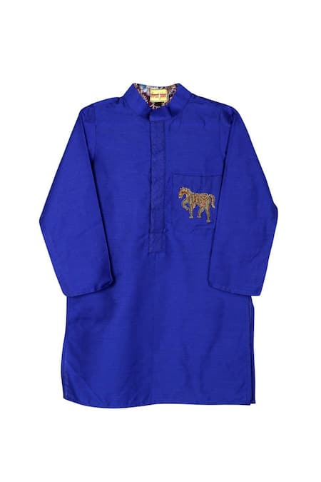 Shop Shruti Jalan Blue Cotton, Silk Embroidery Zardozi Horse Motif Kurta Set at Aza Fashions Shop_Shruti Jalan_Blue Cotton, Silk Embroidery Zardozi Horse Motif Kurta Set _at_Aza_Fashions