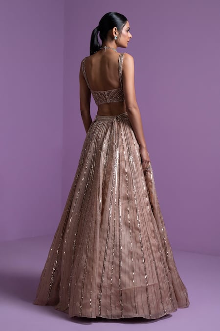 Shop Parul Gandhi Gold Organza Sequins, Crystals Metallic Striped Embroidered Lehenga Set at Aza Fashions Shop_Parul Gandhi_Gold Organza Sequins, Crystals Metallic Striped Embroidered Lehenga Set _at_Aza_Fashions