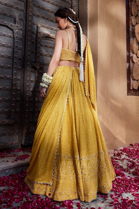 Kritika Dawar Yellow Chanderi, Georgette Pearls, Paisley Embroidered Bridal Lehenga Set Online at Aza Fashions Kritika Dawar_Yellow Chanderi, Georgette Pearls, Paisley Embroidered Bridal Lehenga Set _Online_at_Aza_Fashions