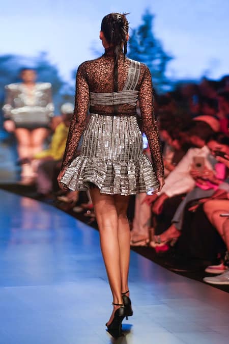 Shop Rudraksh Dwivedi Black Tulle And Nylon Crochet Mesh Lining Butter Crepe Embellished Bodysuit at Aza Fashions Shop_Rudraksh Dwivedi_Black Tulle And Nylon Crochet Mesh Lining Butter Crepe Embellished Bodysuit_at_Aza_Fashions