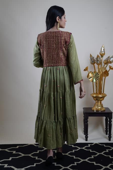 Shop_Bhusattva_Green Organic Silk Embroidery Floral Dress V Tiered With Jacket  _at_Aza_Fashions