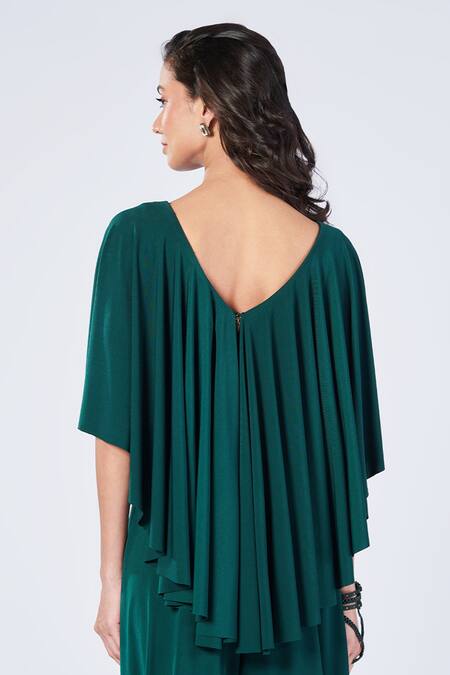 Shop S&N By Shantnu Nikhil Emerald Green Polyester V-neck Draped Sleeve Crop Top at Aza Fashions Shop_S&N By Shantnu Nikhil_Emerald Green Polyester V-neck Draped Sleeve Crop Top_at_Aza_Fashions