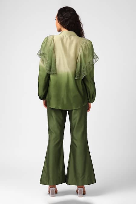Shop Sakshi Khetterpal Green Chanderi Silk, Organza Embroidery Ruffle Shirt And Bell Bottom Pant Set at Aza Fashions Shop_Sakshi Khetterpal_Green Chanderi Silk, Organza Embroidery Ruffle Shirt And Bell Bottom Pant Set _at_Aza_Fashions