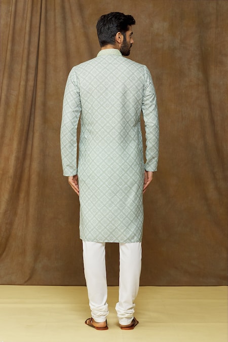 Arihant Rai Sinha_Green Cotton, Chanderi Silk Embroidery Floral-geometric Print Kurta Set _Online_at_Aza_Fashions