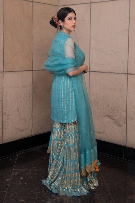 Shop_Soniya G_Blue Handmade Cotton Embroidery Sequins Round Yoke Kurta Sharara Set _at_Aza_Fashions