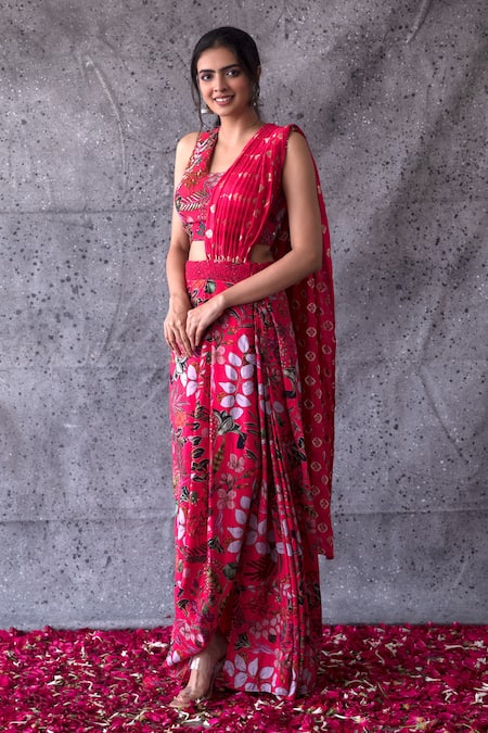 Shachi Sood Floral Print Draped Saree With Blouse 