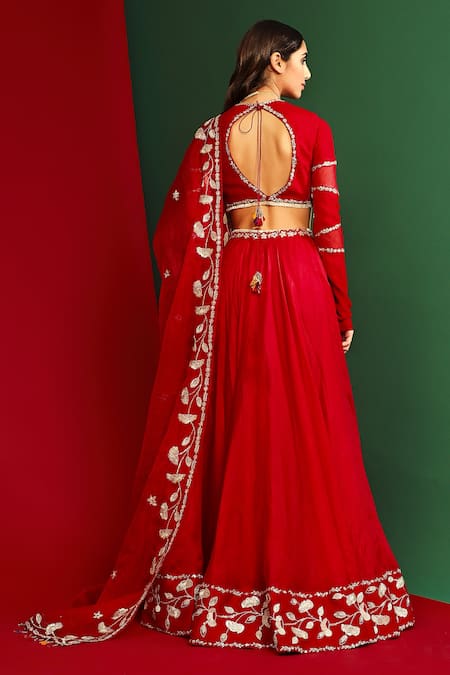 Shop_Mahima Mahajan_Red Raw Silk, Organza, Georgette And Shantoon Thread Rena Embroidered Lehenga Set _at_Aza_Fashions
