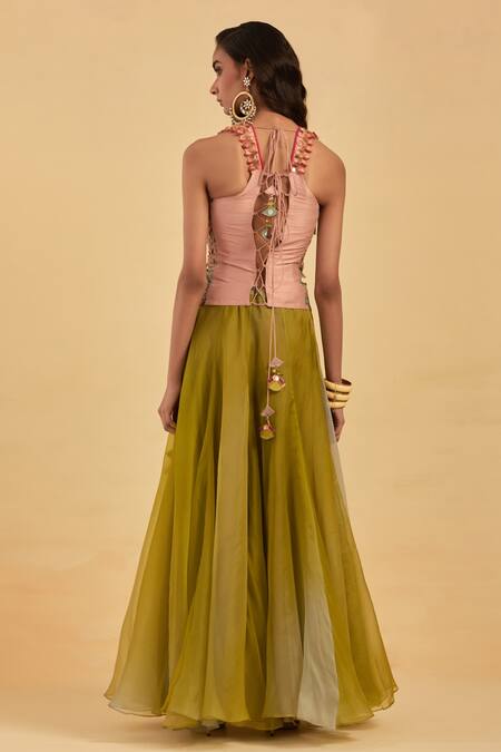 Shop Aum By Asit And Ashima Red Organza Tassels, Mirrors Paisley And Floral Embroidered Corset With Skirt at Aza Fashions Shop_Aum By Asit And Ashima_Red Organza Tassels, Mirrors Paisley And Floral Embroidered Corset With Skirt_at_Aza_Fashions