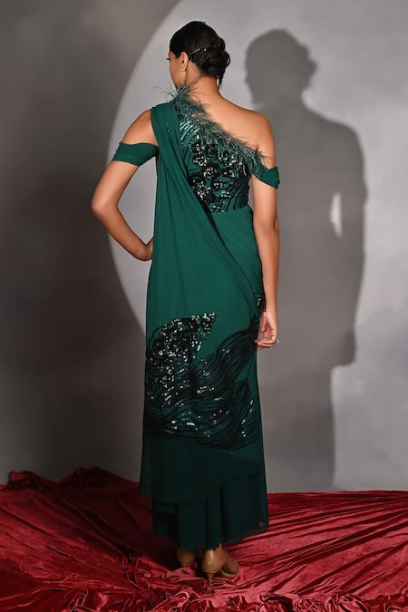 Jyoti Sachdev Iyer Green One Shoulder Sequin Saree Gown 