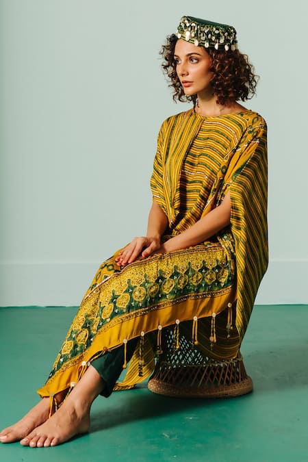 Shop Prahnaaya Yellow Satin Sequins, Zari Round Neck Hand Block Print Kaftan And Pant Set at Aza Fashions Shop_Prahnaaya_Yellow Satin Sequins, Zari Round Neck Hand Block Print Kaftan And Pant Set _at_Aza_Fashions