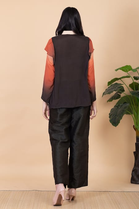 Shop Chambray & CO. Black Silk Split V-neck Aemi Ombre Shirt And Pant Set at Aza Fashions Shop_Chambray & CO._Black Silk Split V-neck Aemi Ombre Shirt And Pant Set _at_Aza_Fashions