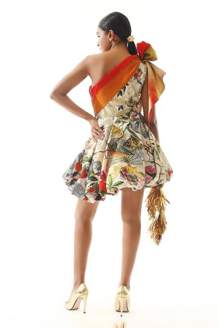 Shop_Mahima Mahajan_Ivory Silk, Polyester Embroidery One Shoulder Printed Dress _at_Aza_Fashions