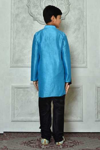 Shop Petite Pomme Blue Silk Mandarin Collar Straight Kurta at Aza Fashions Shop_Petite Pomme_Blue Silk Mandarin Collar Straight Kurta _at_Aza_Fashions
