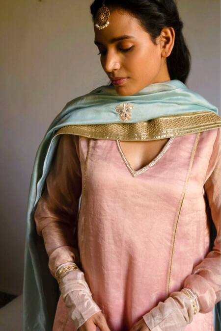 Shop Shorshe Clothing Blue Chanderi Zari, Gota Patti, Pearls Handwoven Embroidered Dupatta at Aza Fashions Shop_Shorshe Clothing_Blue Chanderi Zari, Gota Patti, Pearls Handwoven Embroidered Dupatta_at_Aza_Fashions