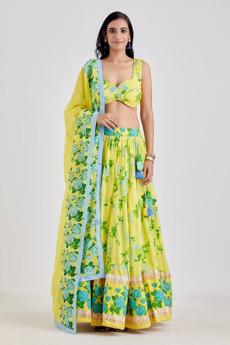 Label Earthen_Blue Cotton Mal Sweetheart Neck Printed Lehenga Set _Online_at_Aza_Fashions