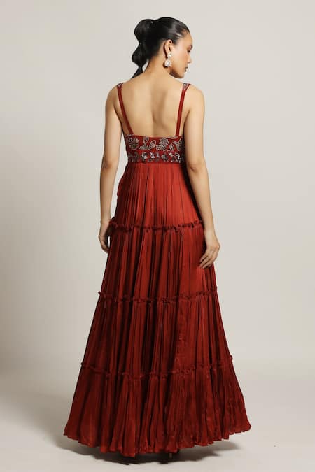 Shop Sejal Kamdar Maroon Silk, Satin Embroidery Scoop Neck Yoke Layered Gown at Aza Fashions Shop_Sejal Kamdar_Maroon Silk, Satin Embroidery Scoop Neck Yoke Layered Gown _at_Aza_Fashions