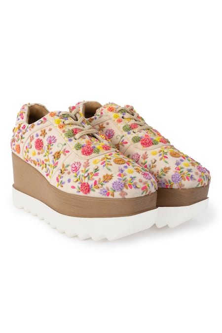Anaar_Multi Color Corsage Signature Embroidered Sneaker Wedges _Online_at_Aza_Fashions