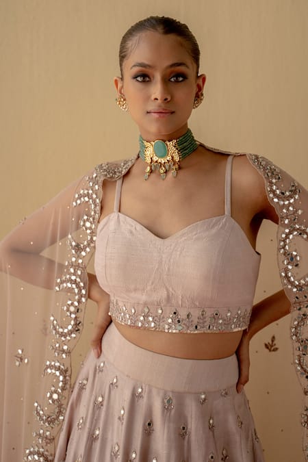 Mint Blush Zari Embroidered Blouse Lehenga Set 