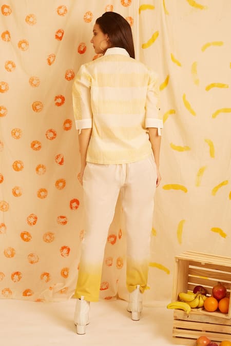 Shop Banana Labs Yellow Cotton Embroidery Collared Hand Block Print Shirt And Pant Set at Aza Fashions Shop_Banana Labs_Yellow Cotton Embroidery Collared Hand Block Print Shirt And Pant Set _at_Aza_Fashions