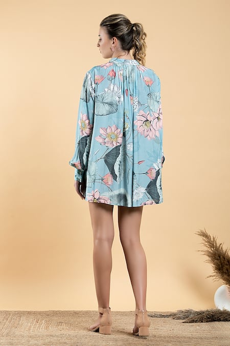 Shop Divi By Sonal Khandelwal Sky Blue Muslin Collared Nelumbo Printed Shirt Dress at Aza Fashions Shop_Divi By Sonal Khandelwal_Sky Blue Muslin Collared Nelumbo Printed Shirt Dress _at_Aza_Fashions