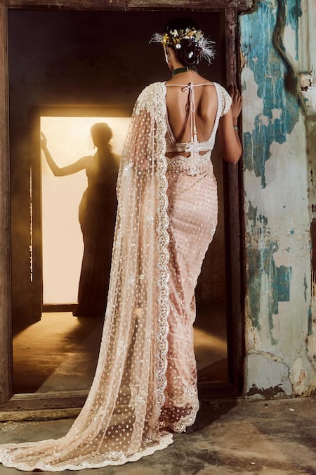 Nitika Gujral Pink Net, Lycra Beads, Crystals Scoop Neck Embroidered Saree With Blouse Online at Aza Fashions Nitika Gujral_Pink Net, Lycra Beads, Crystals Scoop Neck Embroidered Saree With Blouse _Online_at_Aza_Fashions