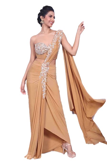 Shop Archana Kochhar Gold Lycra, Net Embroidery, Sequins, Beads, Pre-draped Saree With Corset Blouse at Aza Fashions Shop_Archana Kochhar_Gold Lycra, Net Embroidery, Sequins, Beads, Pre-draped Saree With Corset Blouse _at_Aza_Fashions