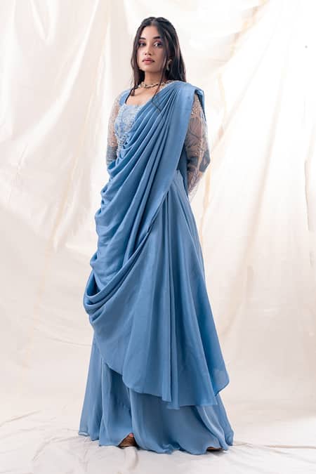 Shop PIRI INDIA Blue Silk, Organza Sequins, Border Embroidered Pre-draped Saree With Blouse at Aza Fashions Shop_PIRI INDIA_Blue Silk, Organza Sequins, Border Embroidered Pre-draped Saree With Blouse _at_Aza_Fashions