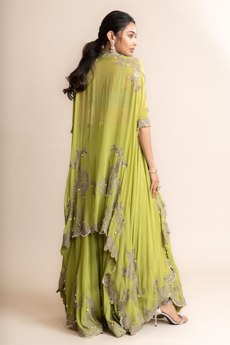 Shop_Nupur Kanoi_Green Crepe, Satin, Lycra Mirrors, Studs Round Work Cape And Circular Pant Set _at_Aza_Fashions