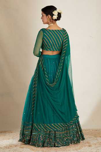 Shop ASTHA NARANG Green Net, Crepe, Nylon Sequins, Embroidery, Cut Work Floral Lehenga Set at Aza Fashions Shop_ASTHA NARANG_Green Net, Crepe, Nylon Sequins, Embroidery, Cut Work Floral Lehenga Set _at_Aza_Fashions