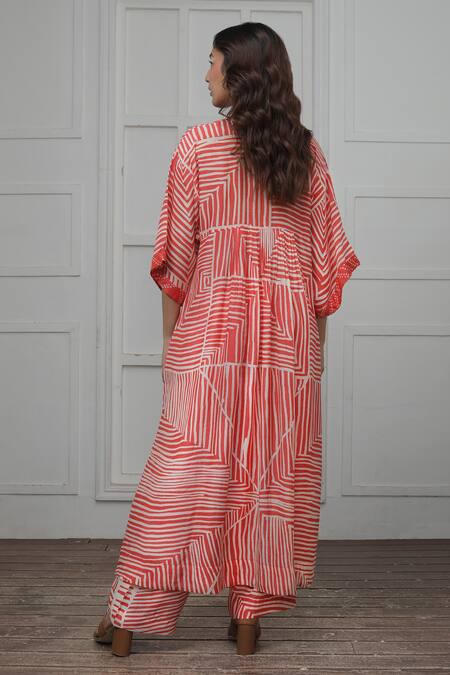 Shop Myoho Coral Cotton Silk Striped Kaftan at Aza Fashions Shop_Myoho_Coral Cotton Silk Striped Kaftan _at_Aza_Fashions